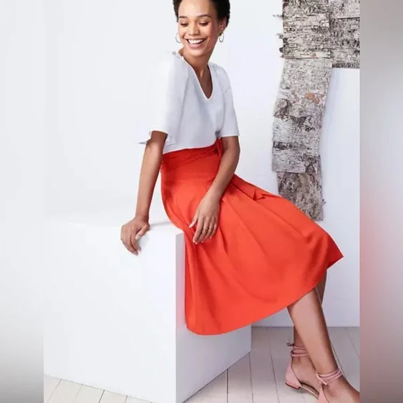 Ann Taylor - Petite 0P Rich Mango Belted Full Midi Skirt - Picture 1 of 4